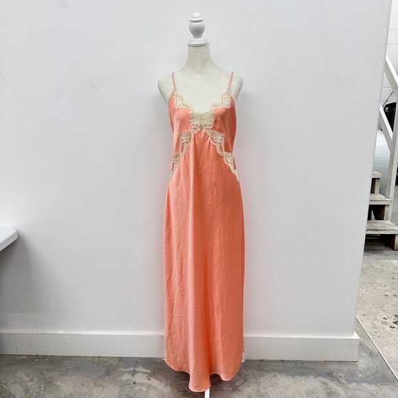 Vintage Satin Nightgown Dress Long Womens M/L Peach Lace Babydoll Slip Dress - Picture 6 of 13